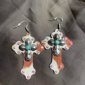 Cow faux leather cross earrings